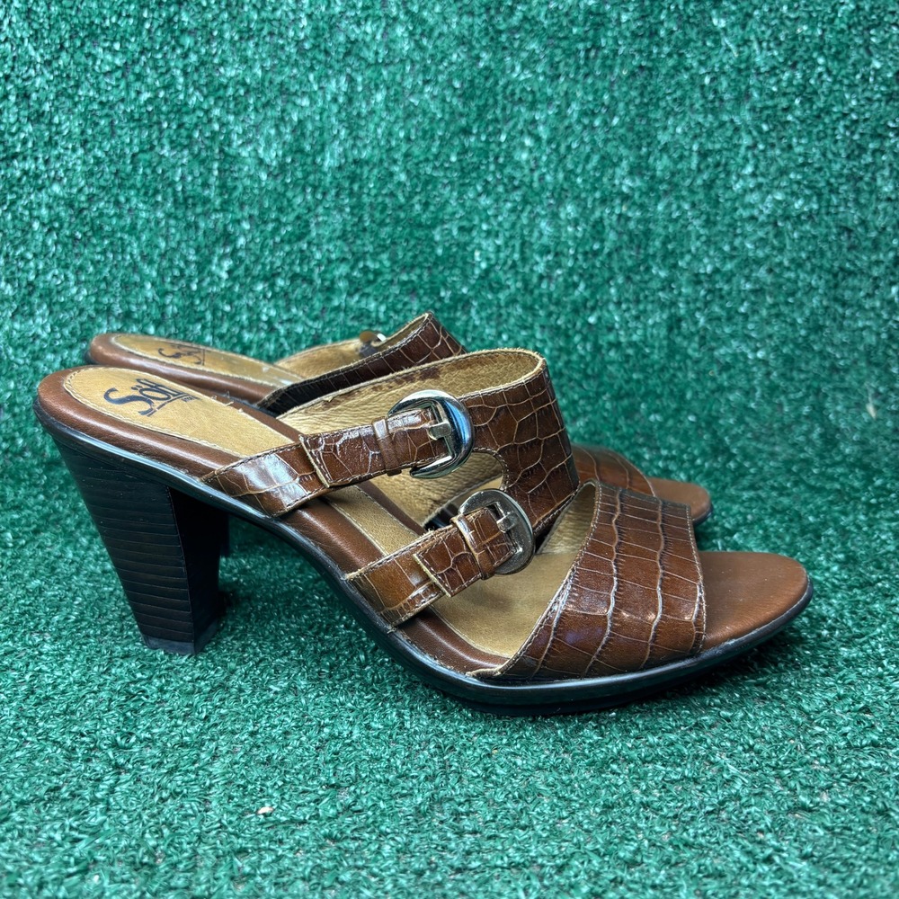 Sofft Croco Embossed Leather Buckle Strap Block Heel Mules Brown Womens Size 10M